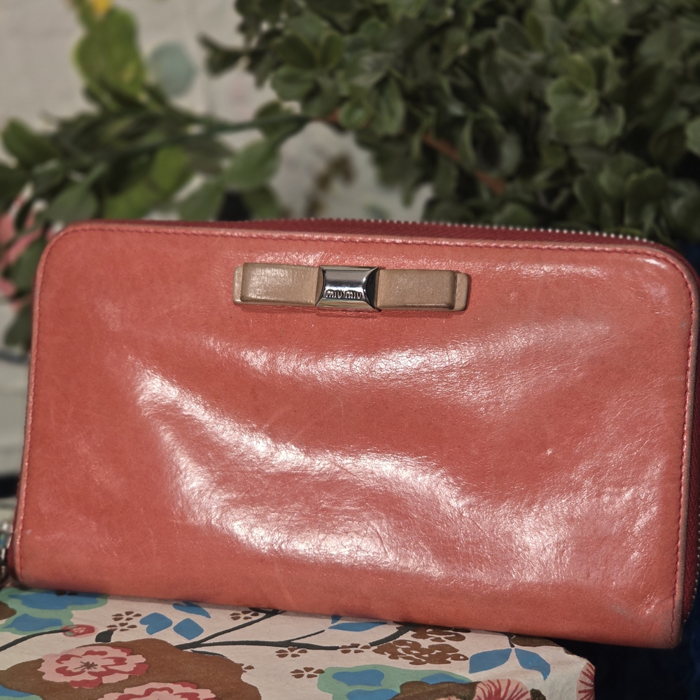 Miu Miu Coral Leather Wallet with Gold Accent
